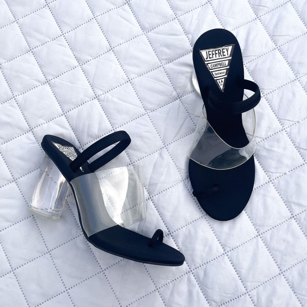 Jeffrey Campbell Women's Mania Clear Toe Loop Rubber Heeled Sandals Black Size 8